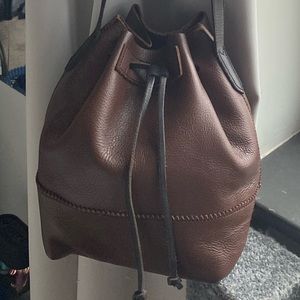 J. Crew Downing leather bucket bag adjustable crossbody brown black drawstring